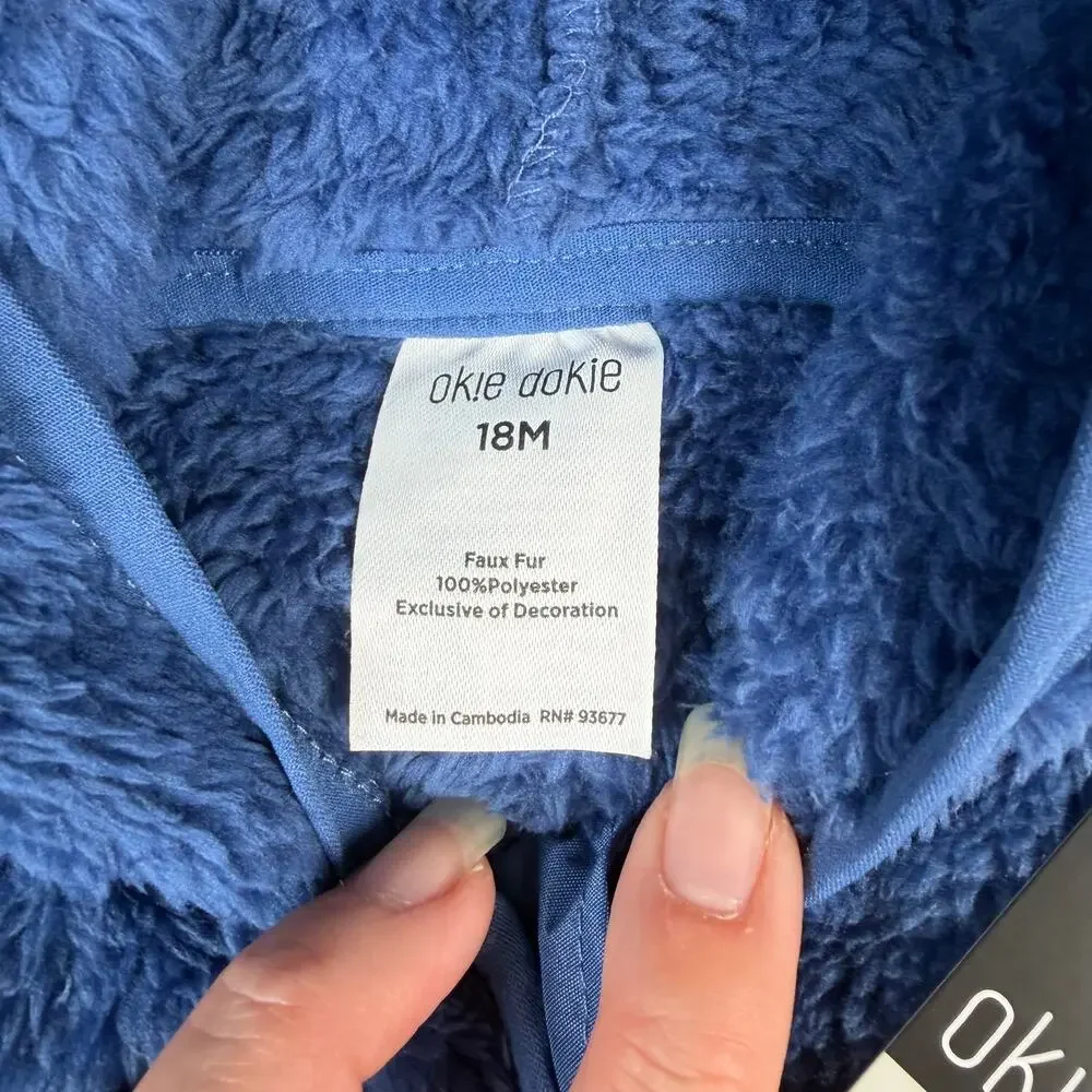 Okie Dokie Full Zip Jacket Boys 18M Faux Fur Blue Hooded Bear Ears NWT